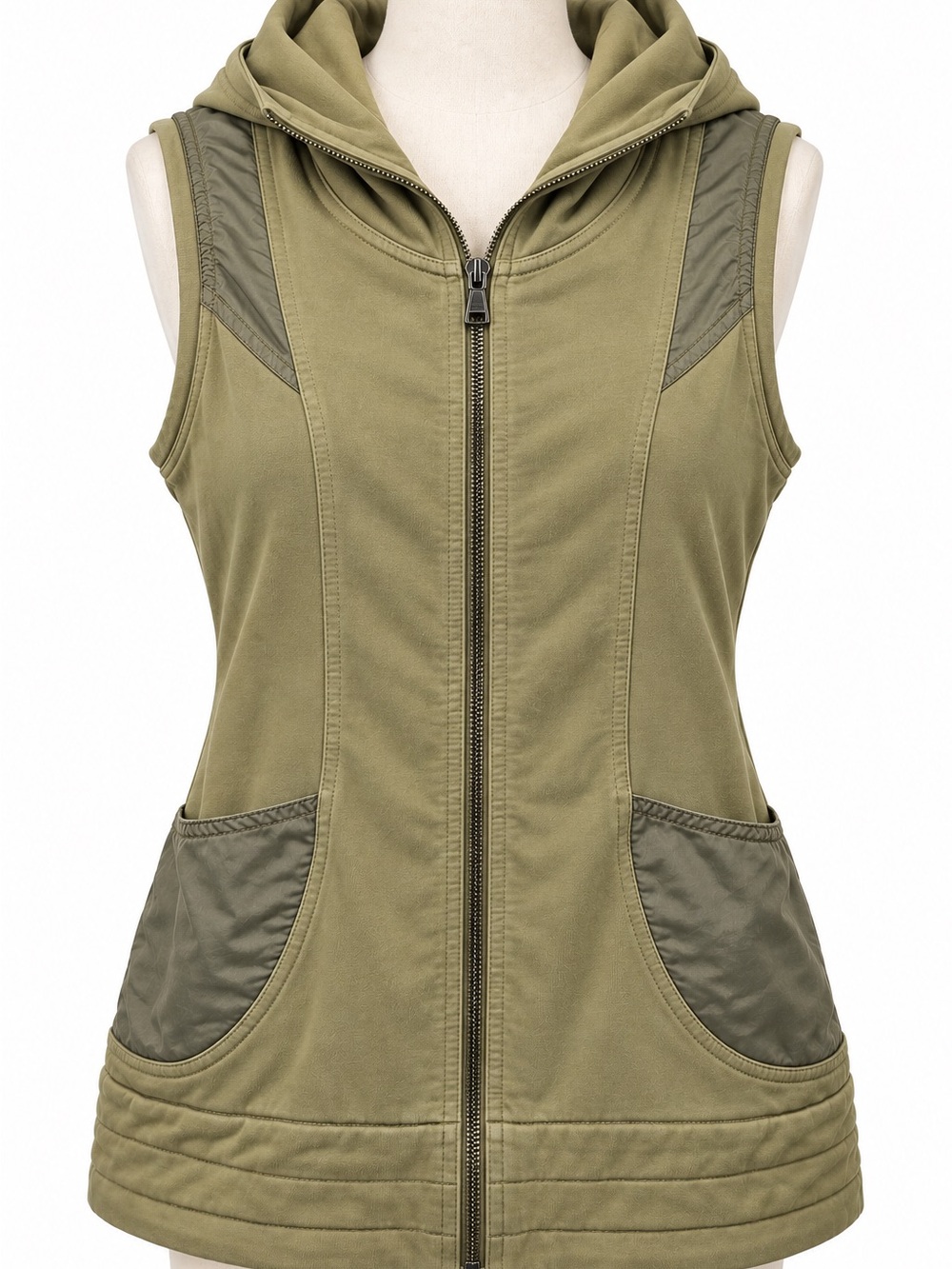 Alice + Olivia Hooded Zip Front Utility Vest Olive Green Womenโs 18โ PTP